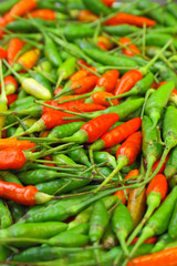 Many red and green chili peppers