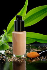 Foundation cream with a cosmetic brush and bamboo, isolated on b
