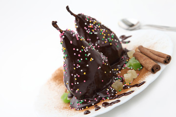 pear in chocolate with cinnamon