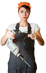 girl with drill asking for help