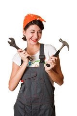 smiling girl with hammer and spanner