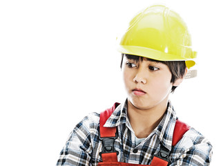 boy wearing construction helmet