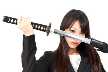 asian businesswoman with japanese sword