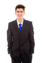 Happy smiling young business man on white background