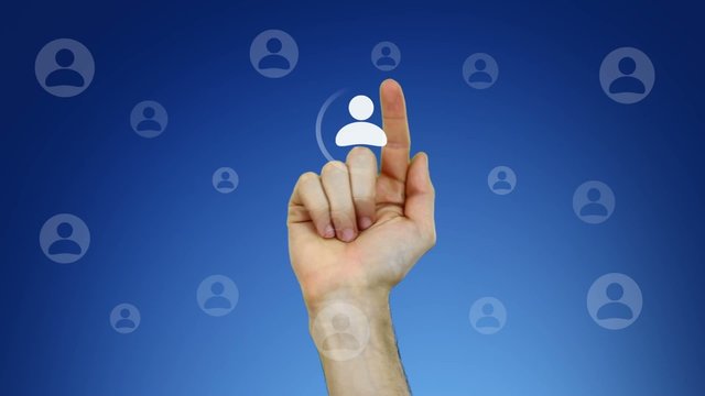 Hand pressing virtual button, symbol of social network