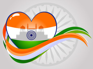 Abstract Indian heart with red-fort and waves. vector illustrati