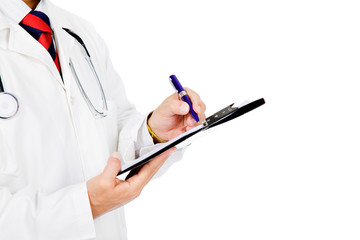 medical doctor with stethoscope writing. Isolated over white bac