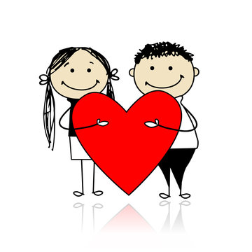 Valentine day. Couple with big red heart for your design