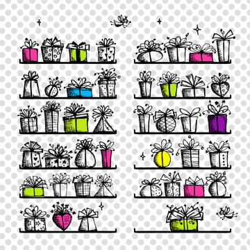 Gift boxes on shelves, sketch drawing for your design