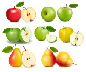 Set of red and green apple fruits with cut and pears.