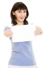 Happy  woman showing blank signboard, isolated