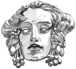 Fototapeta premium Woman's face with olive branches woven into the hair. Decorative