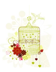 Photo sur Aluminium Oiseaux en cages Cage avec fleurs et oiseau