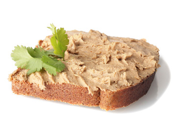 Fresh pate on bread isolated on white