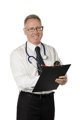 Male doctor with clipboard smiles