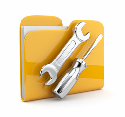 Yellow folder with wrench and screwdriver. Icon 3d . Computer se