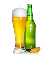 beer glass and bottle with chips