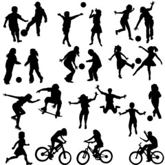 Group of active children, hand drawn silhouettes of kids playing