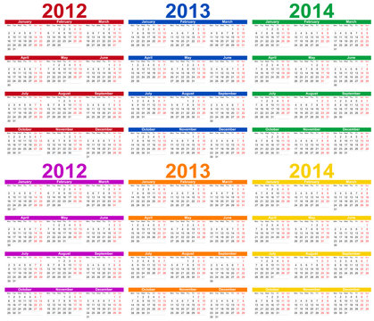 Set of colour 2012, 2013 and 2014 Calendar