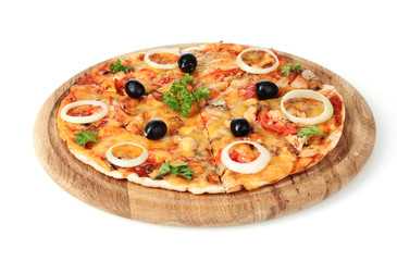 tasty pizza with olives on wooden stand isolated on white