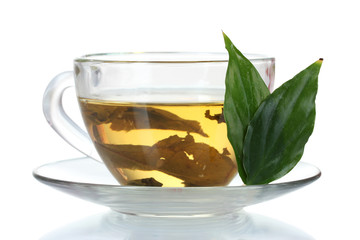 green tea in transparent cup and mint isolated on white