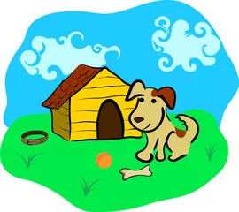 Poster Hond zit in de buurt van kennel, bal en bot © shoshina