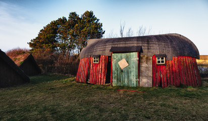 Traditional old Viking Age house hut in Bork village