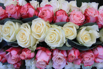 pink and white roses in flower arrangement