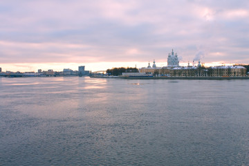 Naklejka premium Smolny Cathedral, Peter the Great bridge and Neva river in St. P