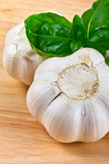 Garlic heads and basil on wooden board