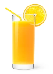 Crédence de cuisine en verre imprimé Jus Boisson isolée. Verre de jus d& 39 orange avec tranche de fruit orange et paille isolé sur fond blanc