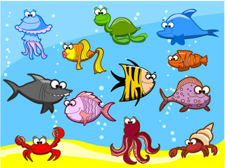 12 мультфильма рыбы в море, векторные иллюстрации