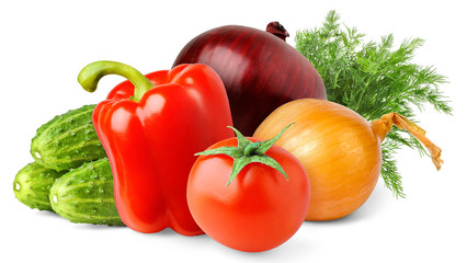 Isolated fresh vegetables. Tomato, red bell pepper, yellow and red onions, cucumbers and dill leaves on white background