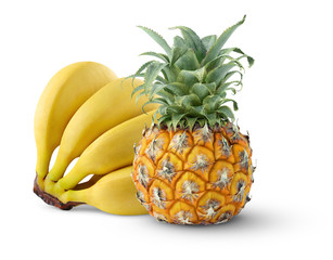 Isolated tropical fruits. Bunch of bananas and pineapple on white background