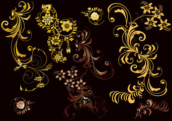 set of golden and brown floral elements