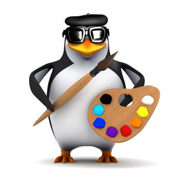 3d Penguin is a great artist ready to paint