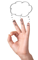 Happy ok fingers with speech bubbles and signs