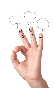 Happy ok fingers with speech bubbles and signs