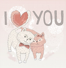 Valentine's day card. Cute cats in love. Cats with heart shape t