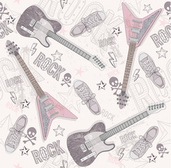 Cute grunge abstract pattern. Seamless pattern with guitars, sho