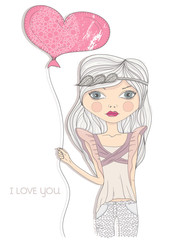 Valentine's day card. Fashion girl with heart shape balloon. Pos