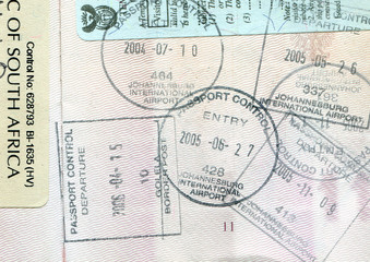 Passport page with South Africa stamps and visas
