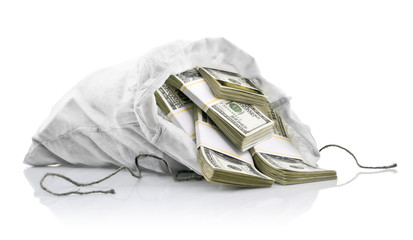 white sack with dollars money isolated on white background