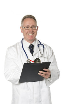 Smiling doctor on white with clipboard