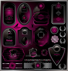 Vector set: black and pink labels and laurel wreaths