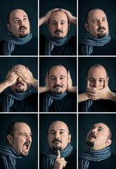 Set portrait of Man with different expression on dark background