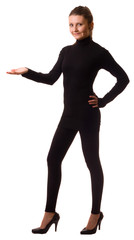 a young woman showing copyspace isolated on white.