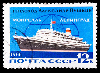 USSR - CIRCA 1966: a stamp printed by USSR shows Motor ship boat