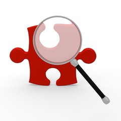 Lupe untersucht puzzleteil 3d