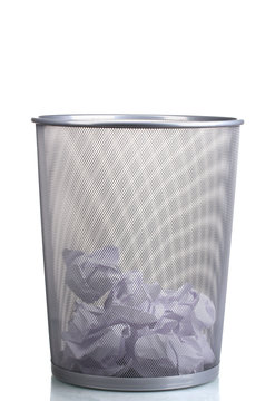 Metal trash bin from paper isolated on white
